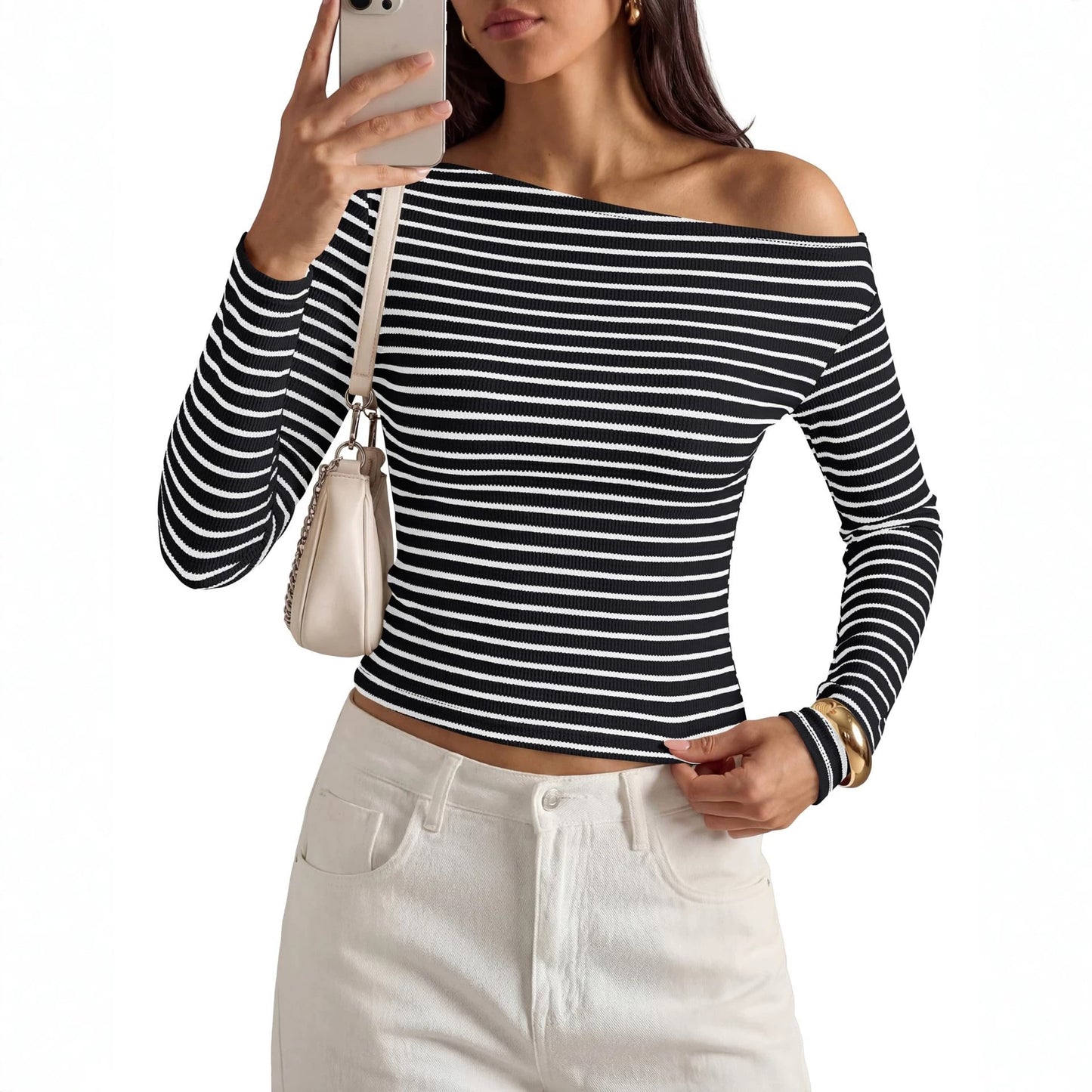 Womens Fashion Casual Striped Off-shoulder Top
