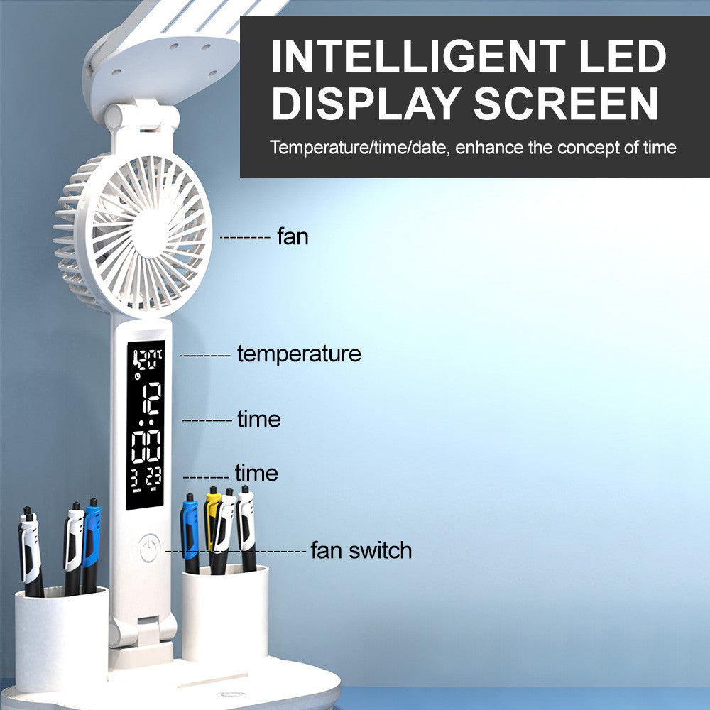 4-Head LED Desk Reading Lamp With Fan Clock Dimmable Rechargeable Touch Light