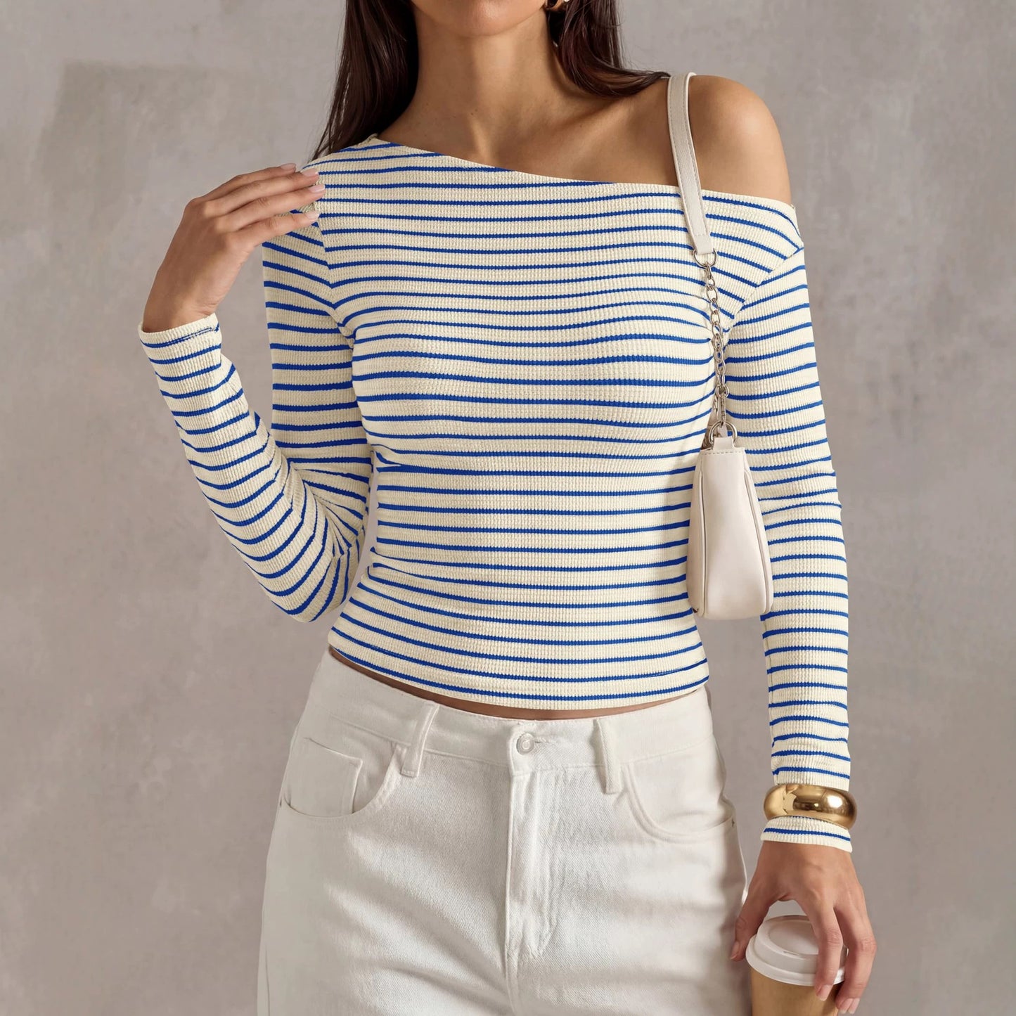 Womens Fashion Casual Striped Off-shoulder Top