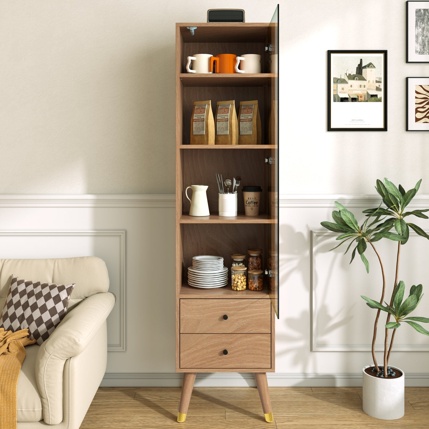 Modern Tall Cabinet With Glass Door, Display Cabinet With Adjustable Shelves And 2 Drawers, Floor-standing Cabinet For Living Room, Bathroom & Office In Wood Look