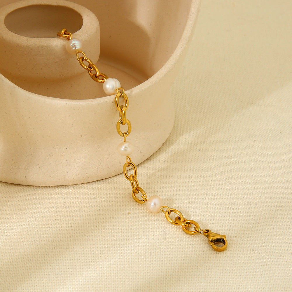 K Gold Stainless Steel Bracelet 6  Water Pearl Chain