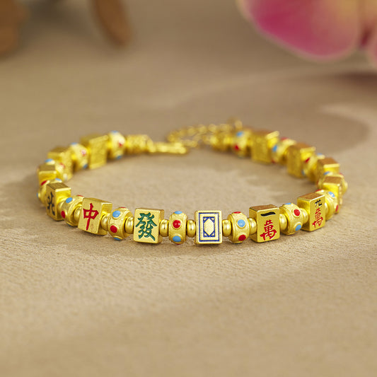 S925 Sterling Silver Vintage Enamel Thirteen Ornaments Mahjong Bracelet, Versatile Fashion Hand Jewelry