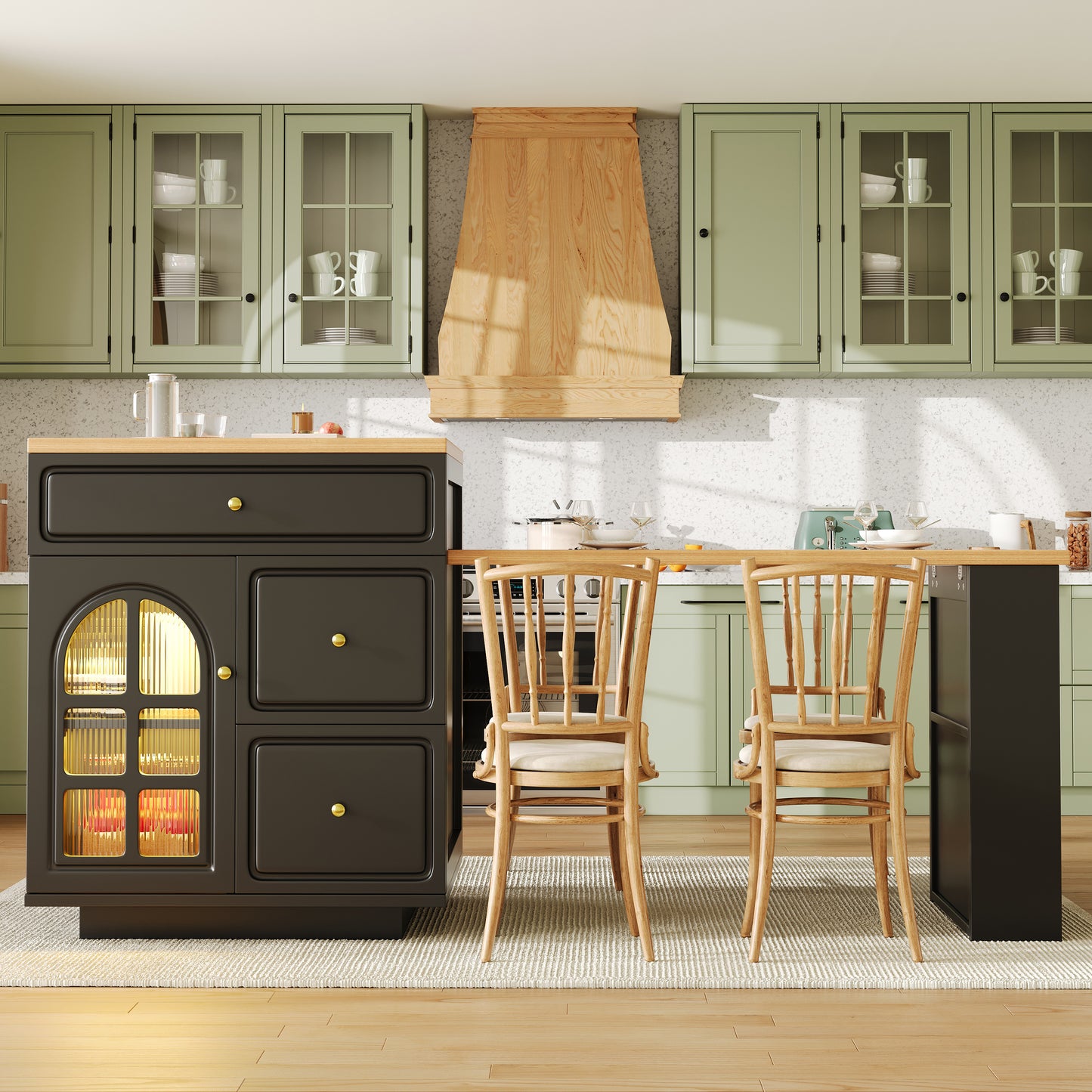 Extendable Bar Table With Storage  122.5-195.5x70x93.5cm , With Four Drawers And Curved Glass Door, Kitchen Island With Extendable Table, LED Color Light, For 2-6 People, Kitchen Dining Cart With Side
