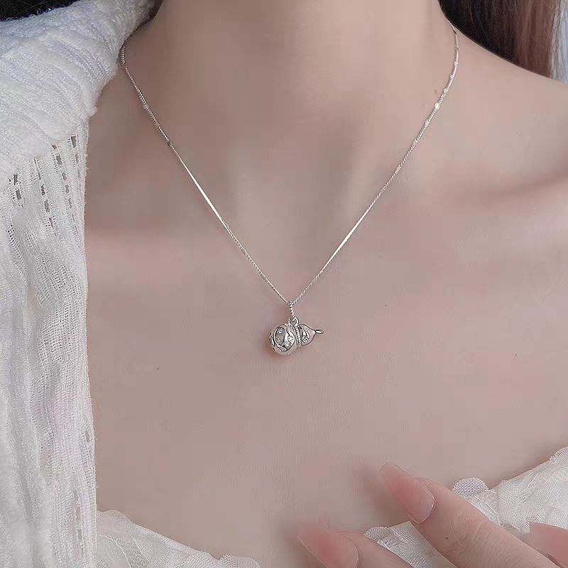 1pc 999 Sterling Silver Diamond Gourd Necklace, Lucky Retro Style, Perfect For Daily Wear And Valentine's Gift