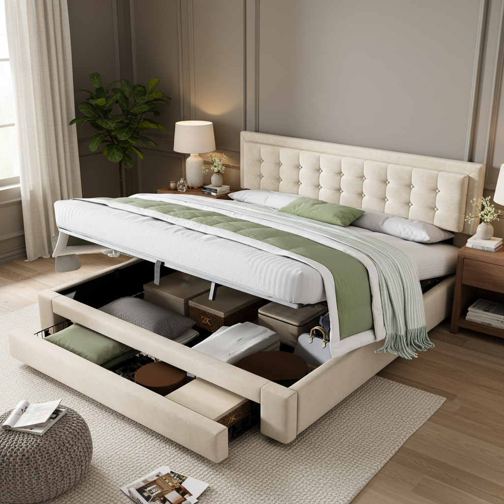 Bed With Box And Drawers, Velvet Fabric, Upholstered Bed, Slatted Base, Double Bed, Large Storage Space, 160 X 200, Beige