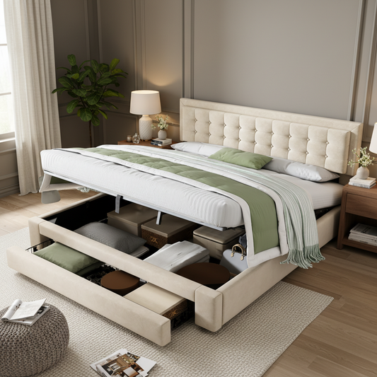 Bed With Box And Drawers, Velvet Fabric, Upholstered Bed, Slatted Base, Double Bed, Large Storage Space, 160 X 200, Beige