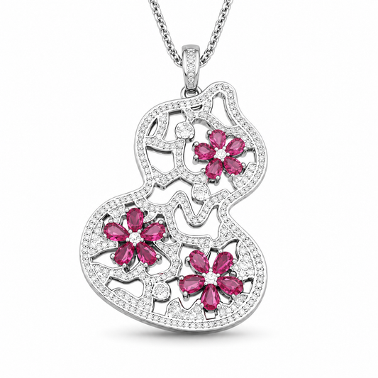 Chinese Gourd Shaped Floral Pendant Necklace For Women, Copper Plated Silver Openwork White CZ & Fuchsia  Flower Cubic Zirconia Vintage Oriental Lucky Statement Jewelry Gift