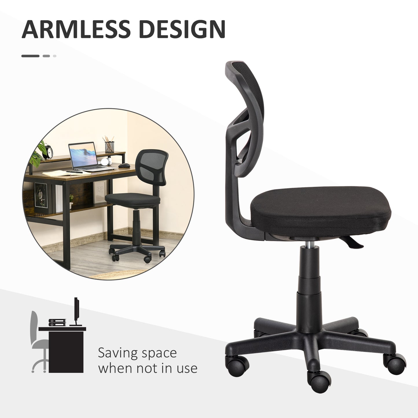 Vinsetto Small Office Chair Without Arms, Ergonomic Swivel Mesh Desk Chair With Curved Back And Wheels, Height Adjustable, For Home Vanity Computer Dressing Table Study Bedroom, Holds Up To 120 Kg