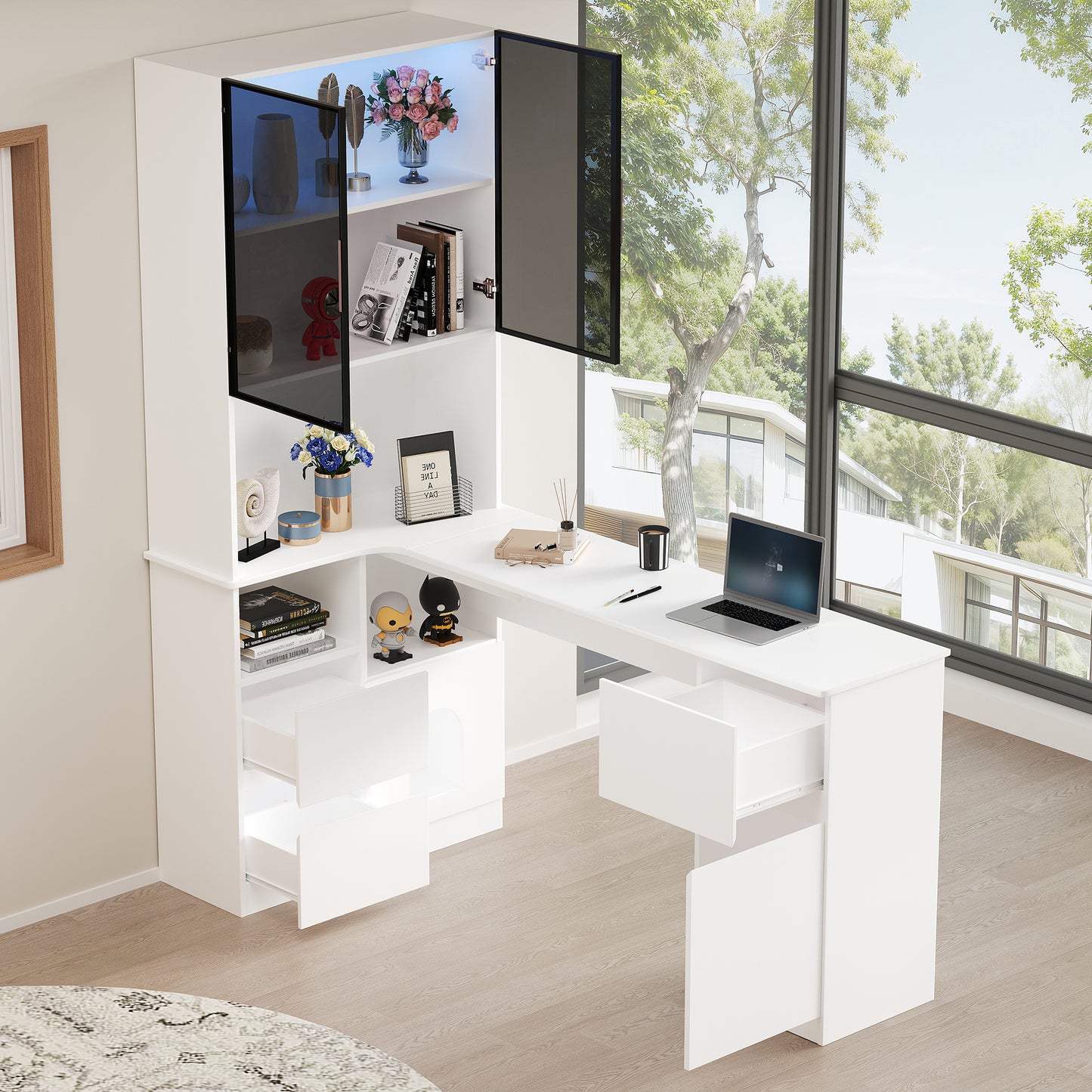 Corner Desk With Shelf And LED Display Cabinet 120x80x180 Cm- Desk With Cable Outlet, 3 Drawers, 2 Doors, Open Compartments & Pet Compartment, A Corner Desk With Built-in Bookshelf