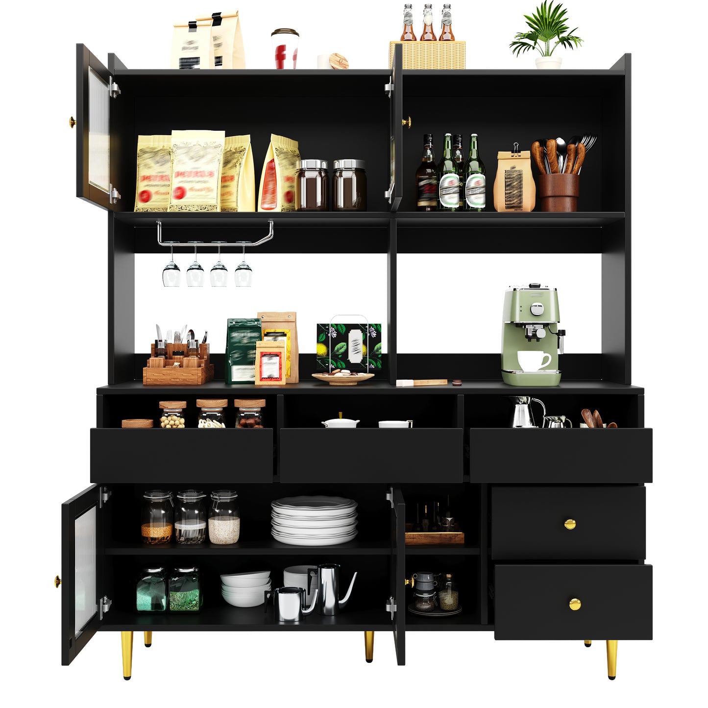 Tall Dining Room Cabinet  145 X 39 X 171 Cm  With Perforated Glass Doors, Wine Glass Shelf, Multi-tiered Storage Space, Elegant Black With Gold Decor, Suitable For Use In The Dining Room  Previous Sku