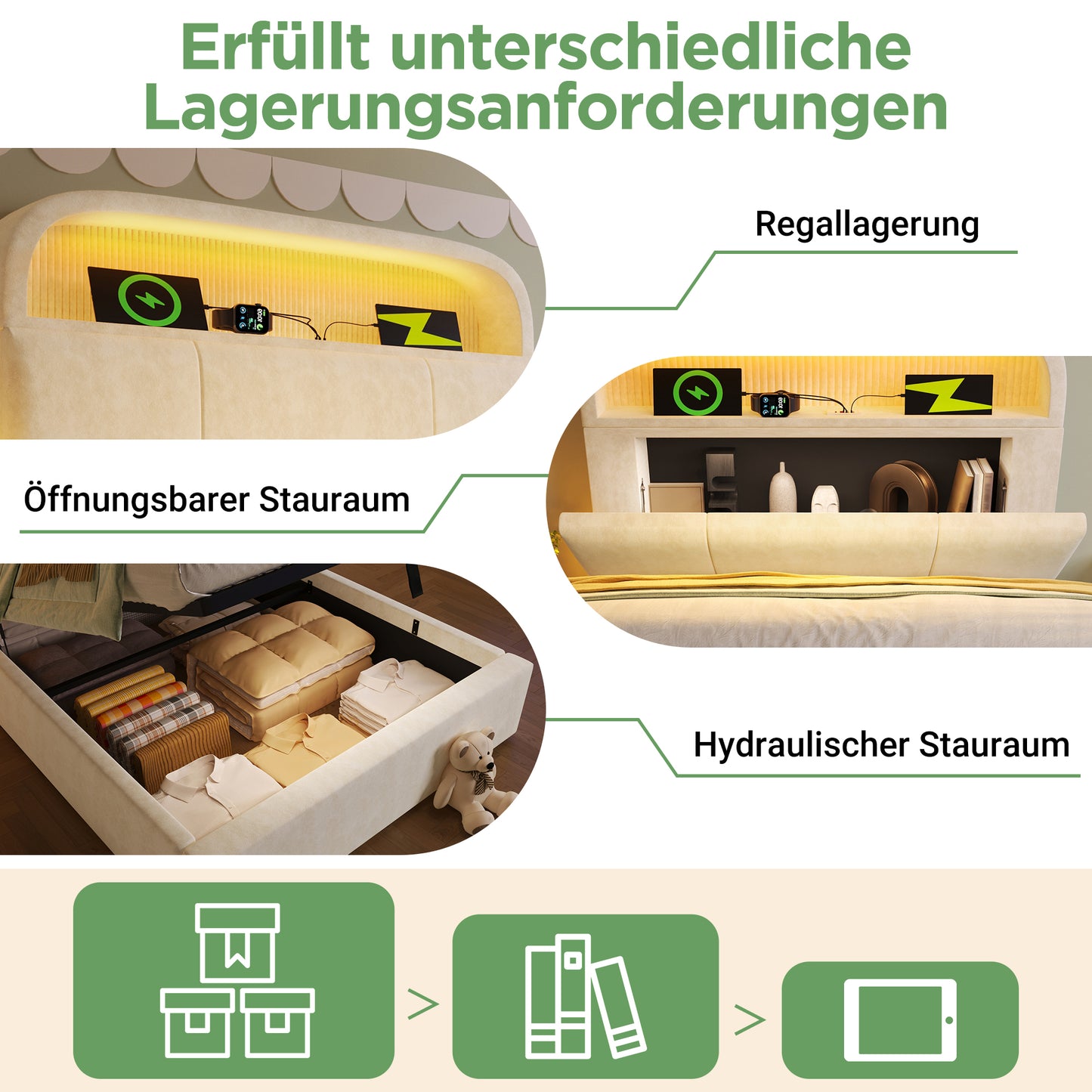Upholstered Bed Single Bed 90x200 Cm With Height-adjustable Storage Headboard, Hydraulic Bed With LED Lighting & USB Type-C Charging Station, Velvet, Beige, Incl. Slatted Frame Without Mattress