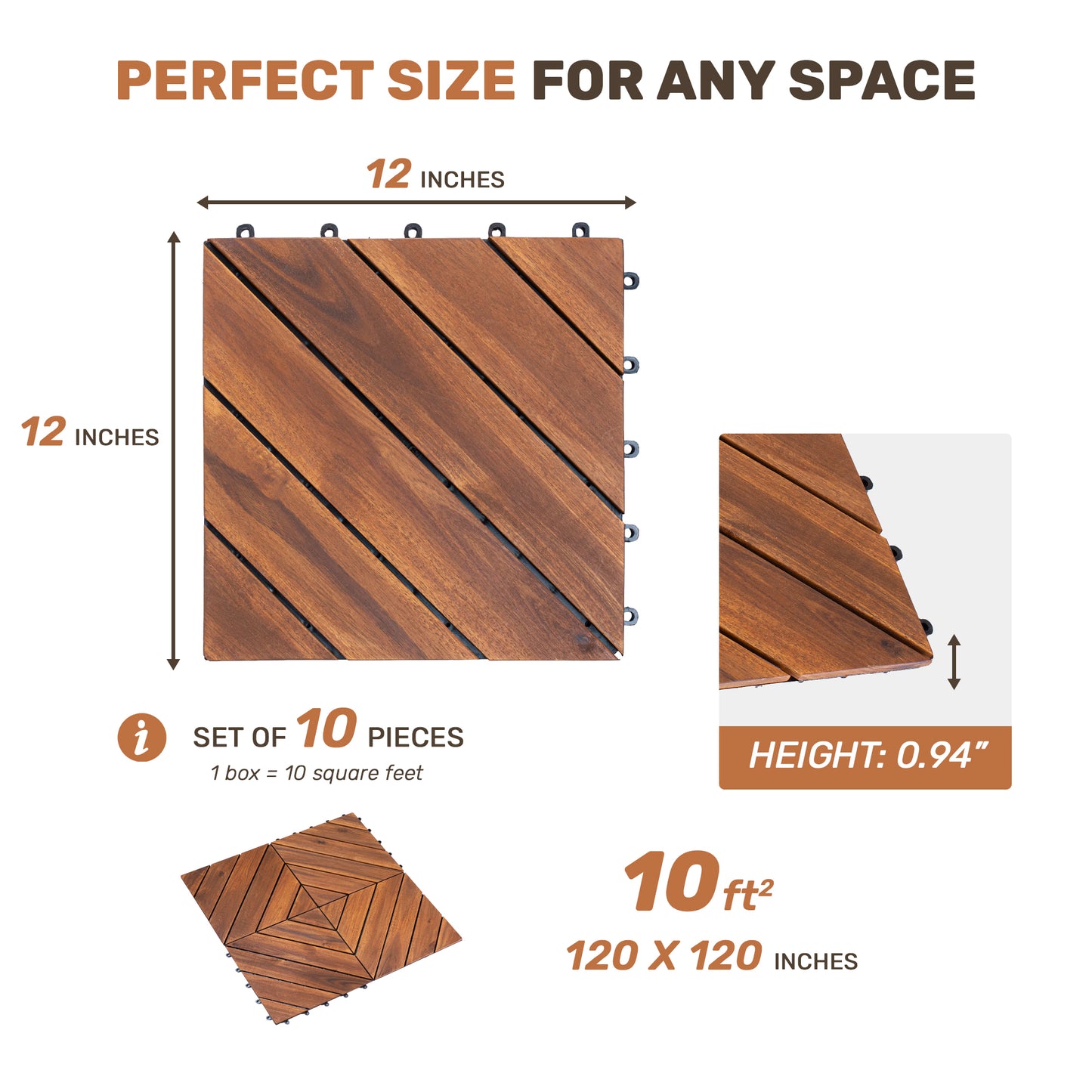 10 PCS Interlocking Deck Tiles Diagonal Pattern, 12  X 12  Acacia Wood Tiles For Patio, Waterproof, All-Weather, Outdoor Decking For Garden, Pool, Balcony,...