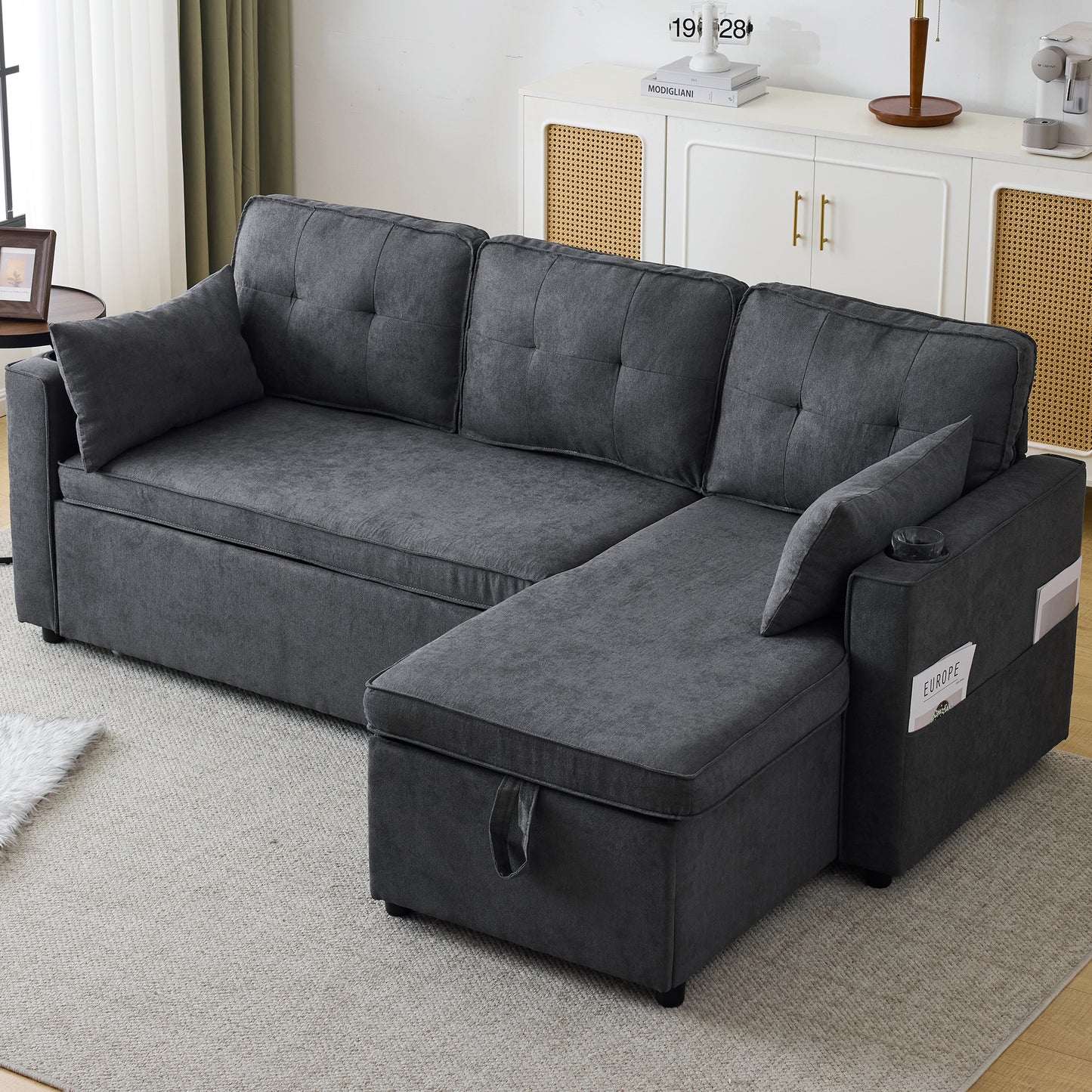 3-in-1 Convertible Sofa Bed With Internal Storage Chaise, L Shaped Sleeper Sofa Couches With Cup Holders, Pillows And Storage Pocket. Pullout Sectional Daybed For Living Room Bedroom Office, Grey