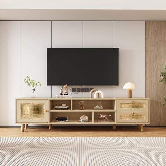 Premium 160cm Wood Colored Rattan TV Cabinet For 70 Inch TV - Cable Management, 2 Drawers, 1 Door,TV Cabinet, Base Cabinet, Base Cabinet For Living Room, TV Lowboards