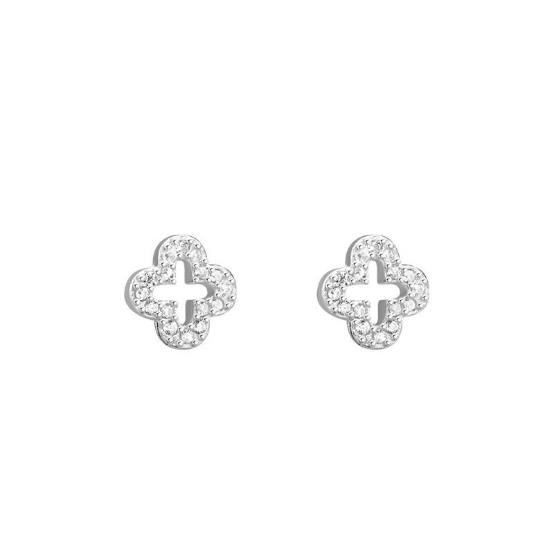 1pair 999 Sterling Silver Paved CZ Hollow Four Leaf Clover Screw Back Stud Earrings, Elegant Minimalist Style, For Daily Dating Wear & Women Holiday Gifts