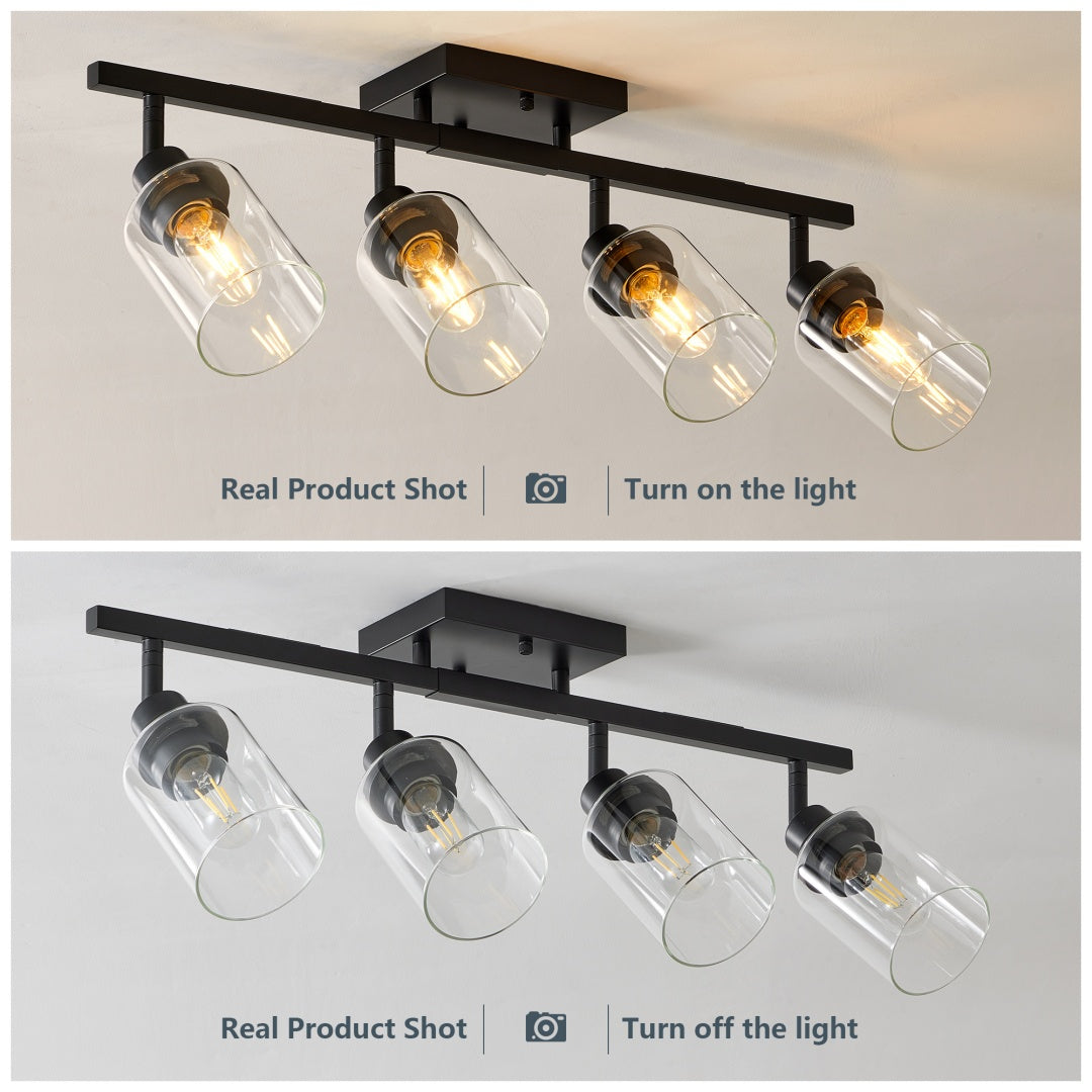4-Lights Track Lighting Fixtures Ceiling With Clear Glass Shades, Modern Black Semi Flush Mount Ceiling Light, Rotatable Wall Mount Ceiling Lamp For Kitchen Hallway Bedroom Bulb Not Included