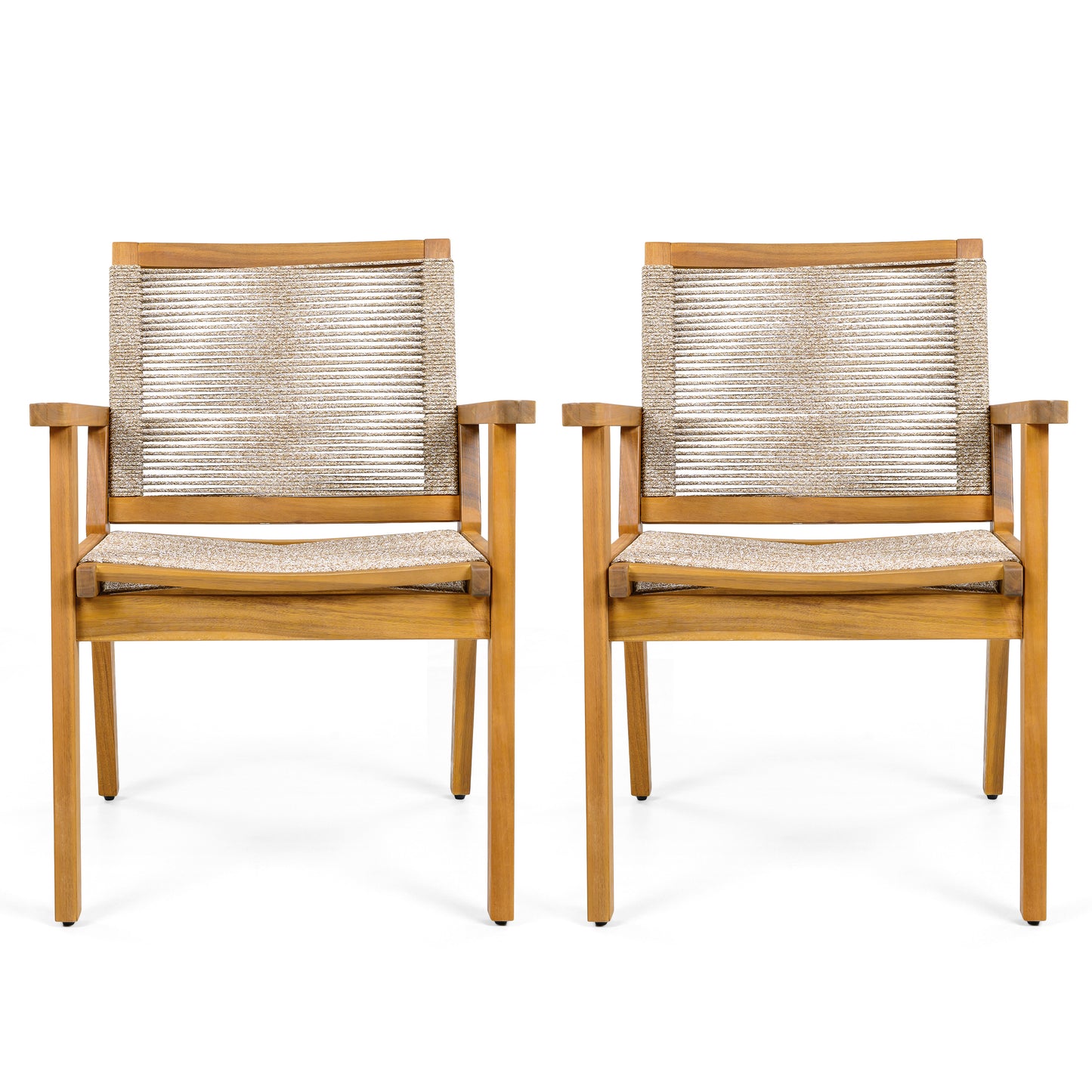 Outdoor Dining Chairs Set Of 2, Teak Finish Wood Frame And Mix Brown Rope, Natural Courtyard Style, 400lbs Capacity
