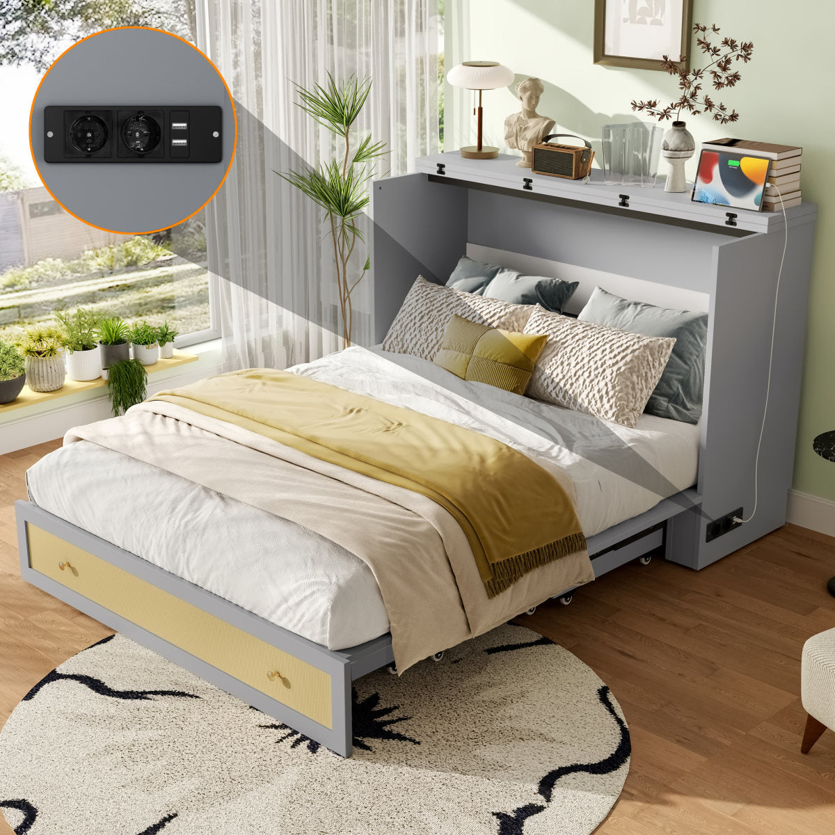 Murphy Bed, 140 X 200, Mobile Murphy Bed With Drawers At The End Of The Bed And Shelf At The Head Of The Bed, With USB And Socket, Convertible Platform Bed, Without Mattress, Grey