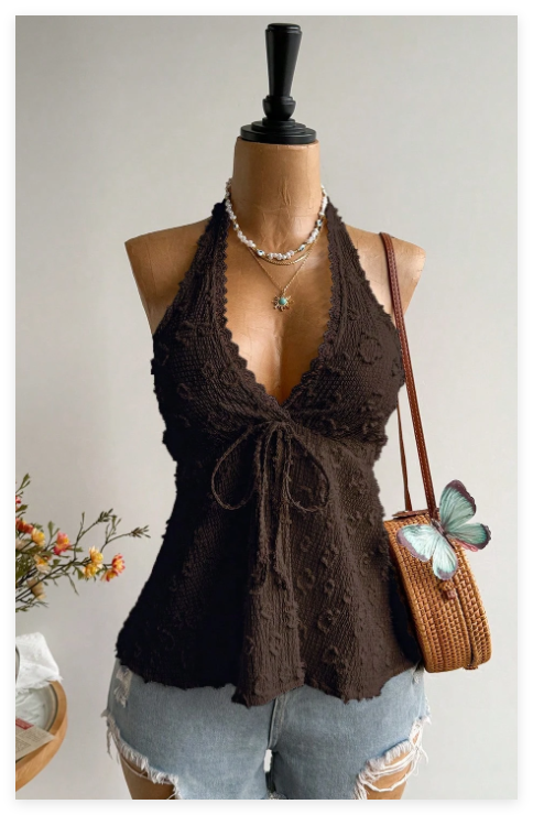 New V-neck Backless Halter Top Vacation Style Sexy Hot Girl Jacquard Summer Top