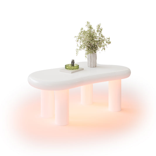 White Cloud-Shaped MDF Coffee Table With 16-Colour LED Lighting & Drawer  Modern Living Room Table, With Storage