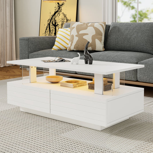 White LED Coffee Table With Storage Function, Acrylic LED Living Room Table, Side Table, Double Layer Rectangular Coffee Table With Bluetooth Mobile Phone App Control, Suitable For Parties, Offices