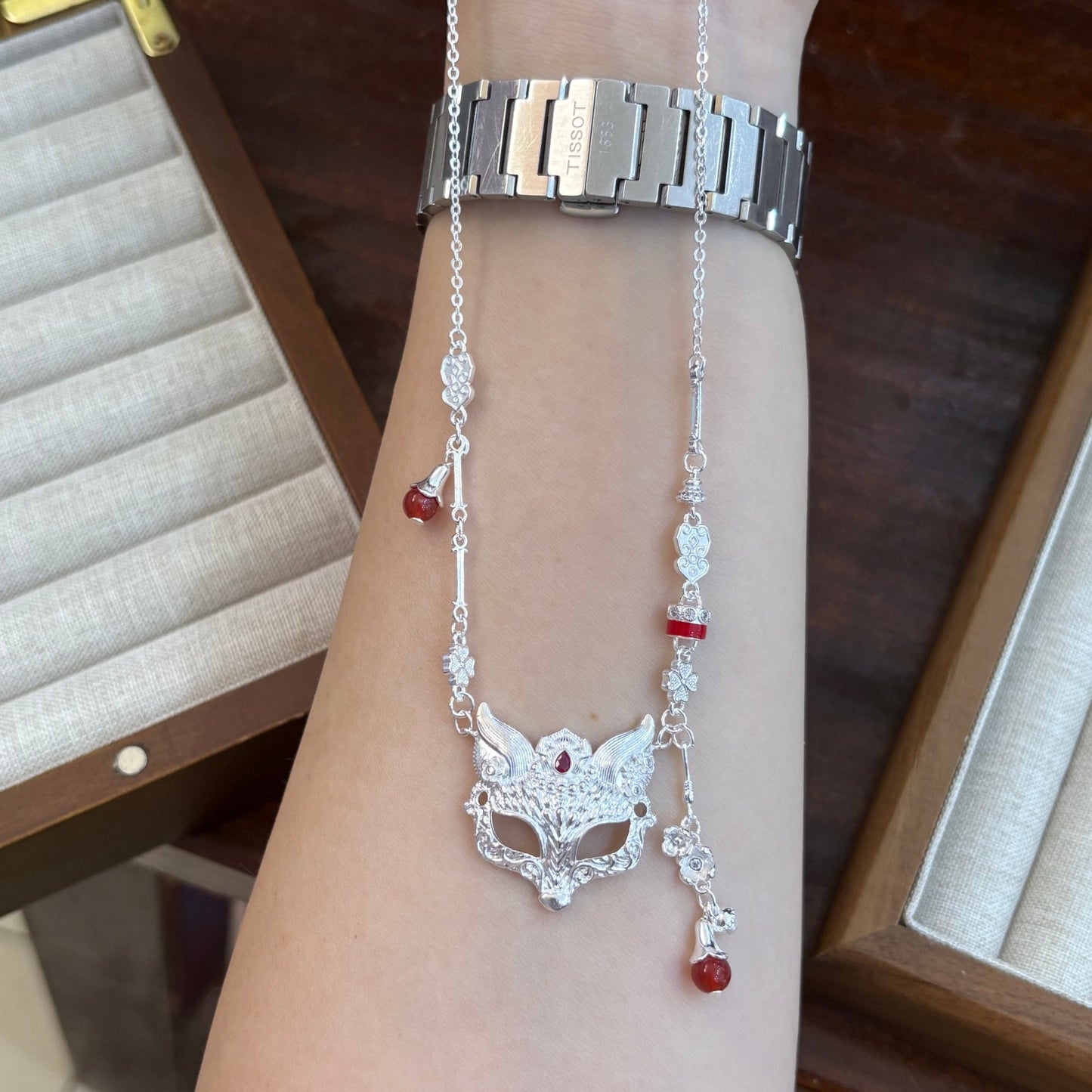 1pc 999 Sterling Silver Fox Mask Red Agate Necklace, Retro Chinese Style, Perfect For Daily Wear And Valentine's Gift