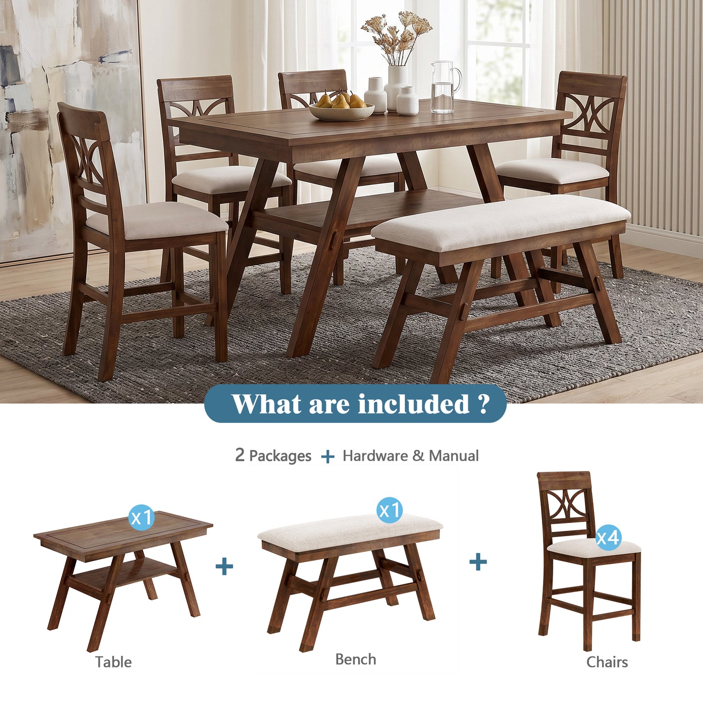 TOPMAX 6-Piece Wood Counter Height Dining Table Set With Storage Shelf, Kitchen Table Set With Bench And 4 Chairs,Rustic Style, Walnut Beige Cushion  Old Sku N717S000257AAD