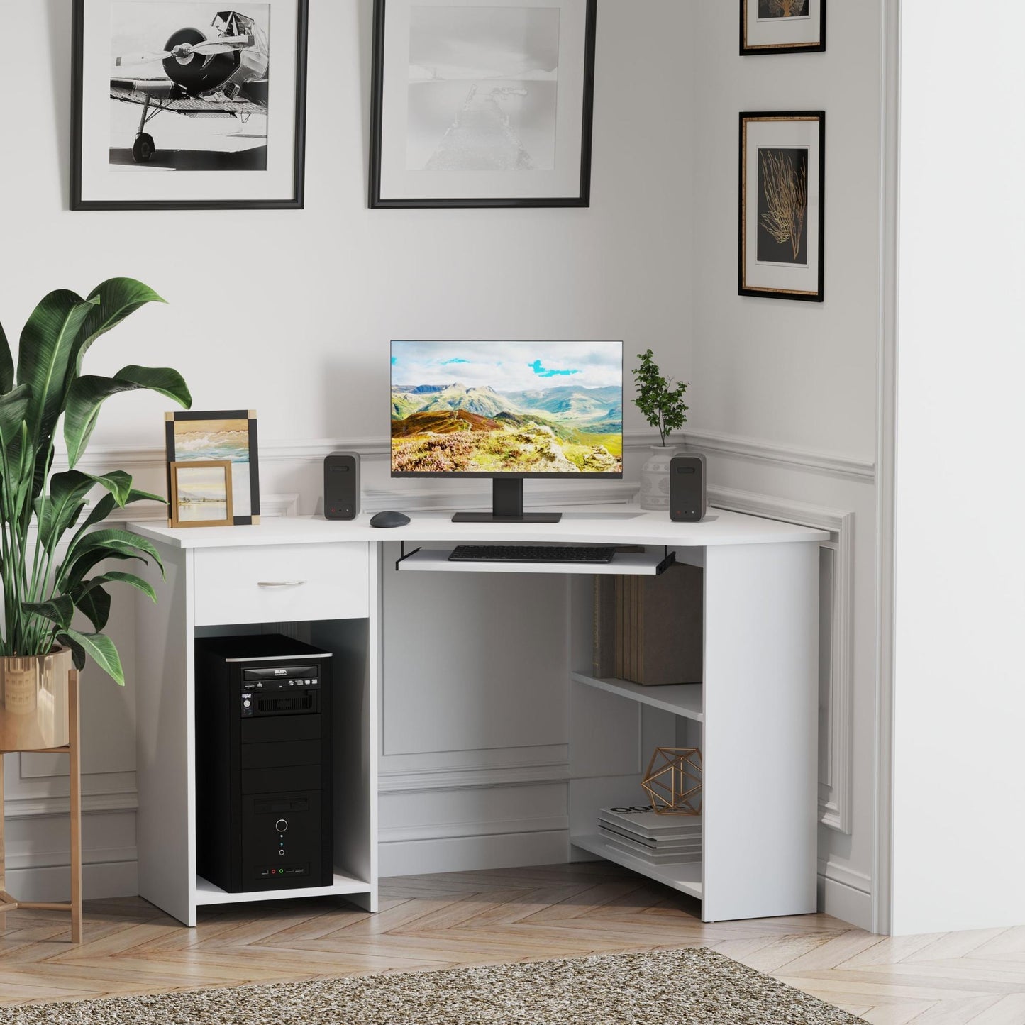 L-Shaped Corner Computer Desk W/ 2 Shelves Wide Worktop Keyboard Tray Drawer & CPU Stand Home Office Study Bedroom Furniture White