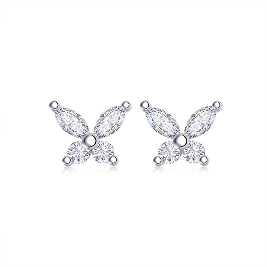 S925 Sterling Silver Butterfly Stud Earrings, D-VVS1 Moissanite Marquise & Round Cut, Platinum Plated 1.6g Women's Jewelry Gift Box