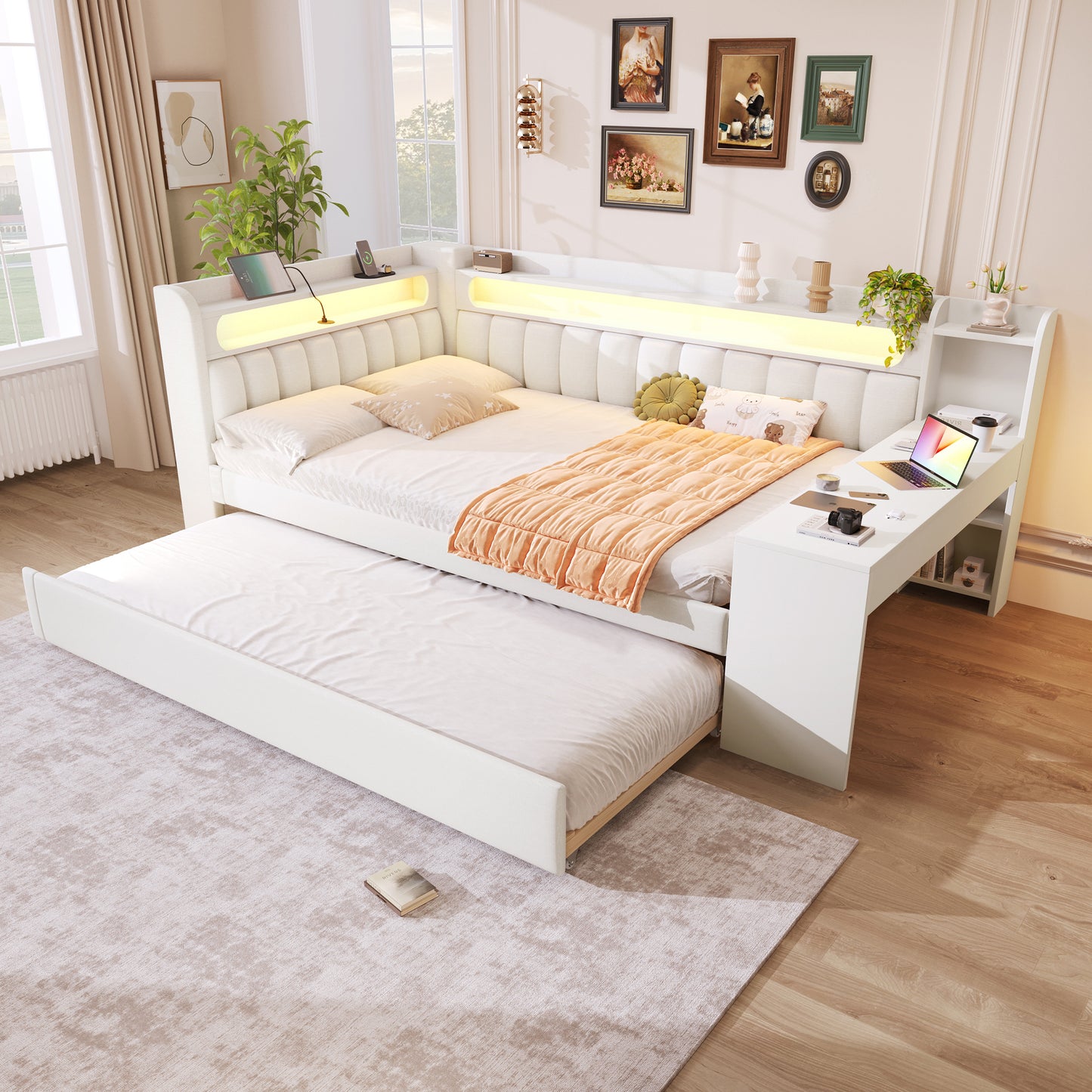 Padded 140x200 Daybed With USB Ports And LED Belt, With Trundle Bed And Desk, White