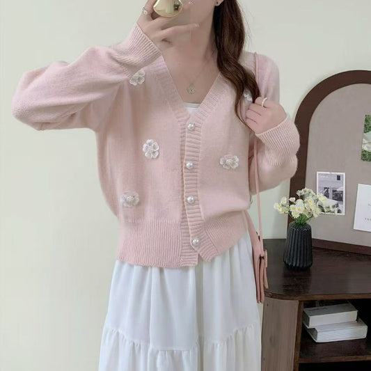 Korean-style 3D Floral Beaded Knit Cardigan For Women Autumn