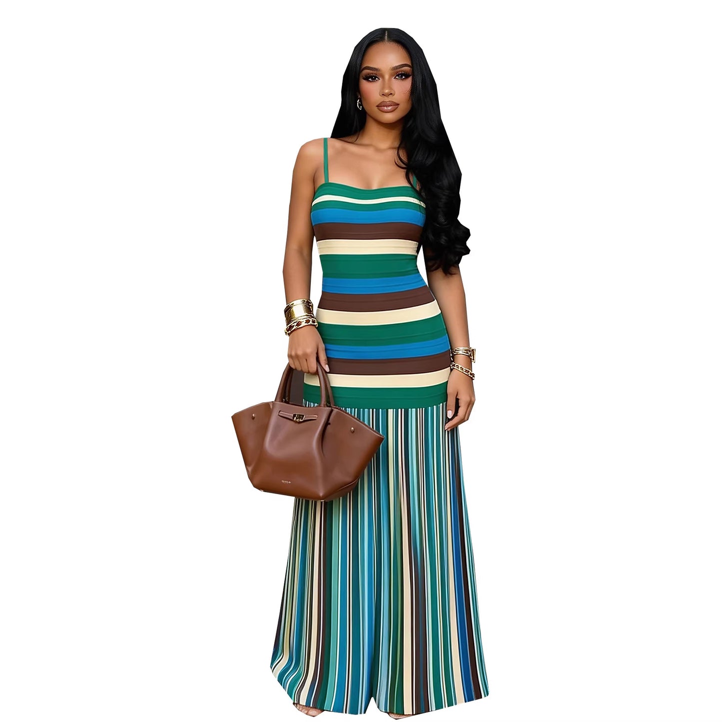 Womens Summer Fashion Strap Dress With Color-Block And Striped Backless Design