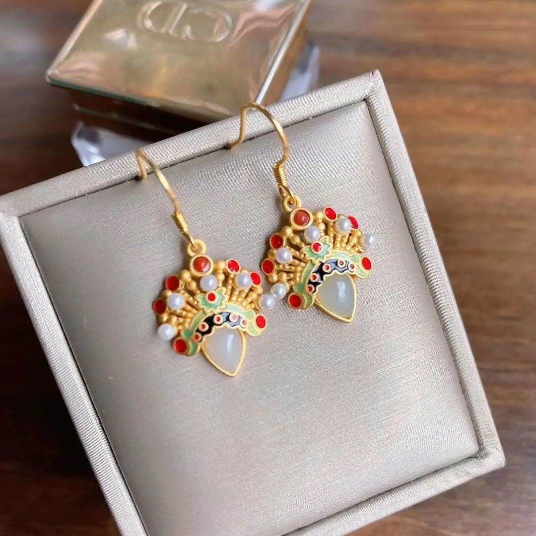 Inlaid White Jade Water Drop Classical-shaped Sword Horse Dan Peking Opera Facial Makeup Earrings