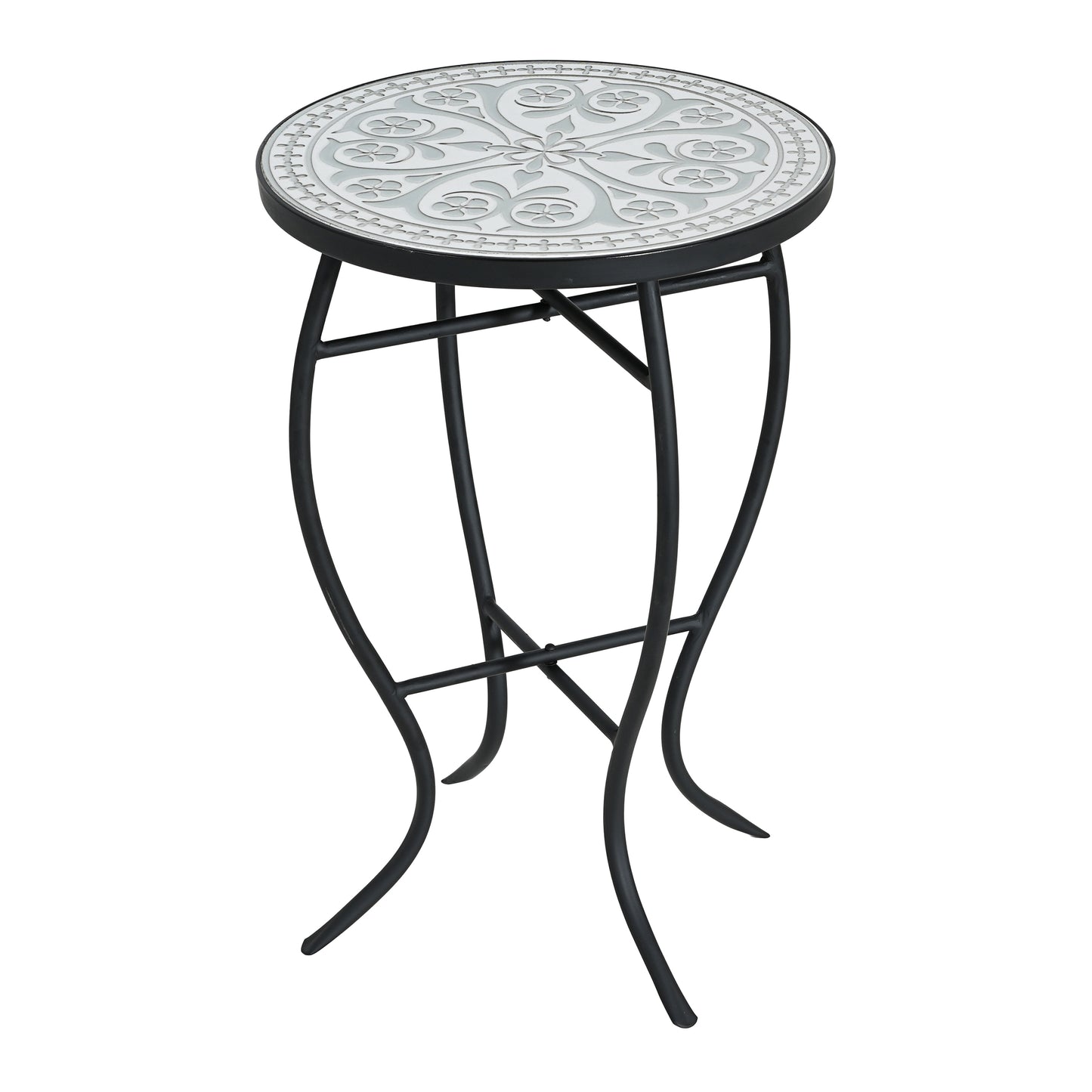 Outdoor Round Side Table With Mosaic-Style Top And Curved Iron Legs, Grey And Matte Black