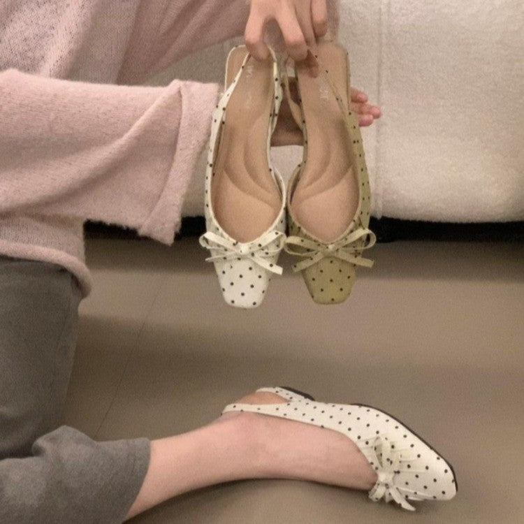 Women 2026 New French Polka Dot Square Toe Mid Heel Single Strap High Heels, Bow Thick Heel Pumps Closed Toe Sandals