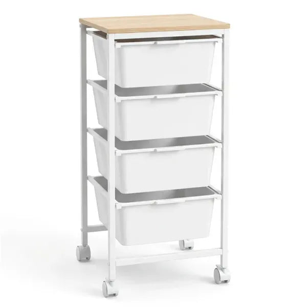 4-Drawer Rolling Storage Cart, Mobile Utility Organizer With MDF Wooden Top (Natural)