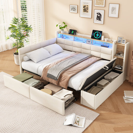 Upholstered Bed, 4ft6 Double Bed 135x190cm, With Side Rails On The Bed, With Two Comfortable Headboards, With LED Strip, USB And Type - C Ports, With Storage Areas And Storage Drawers, Linen   Plywood