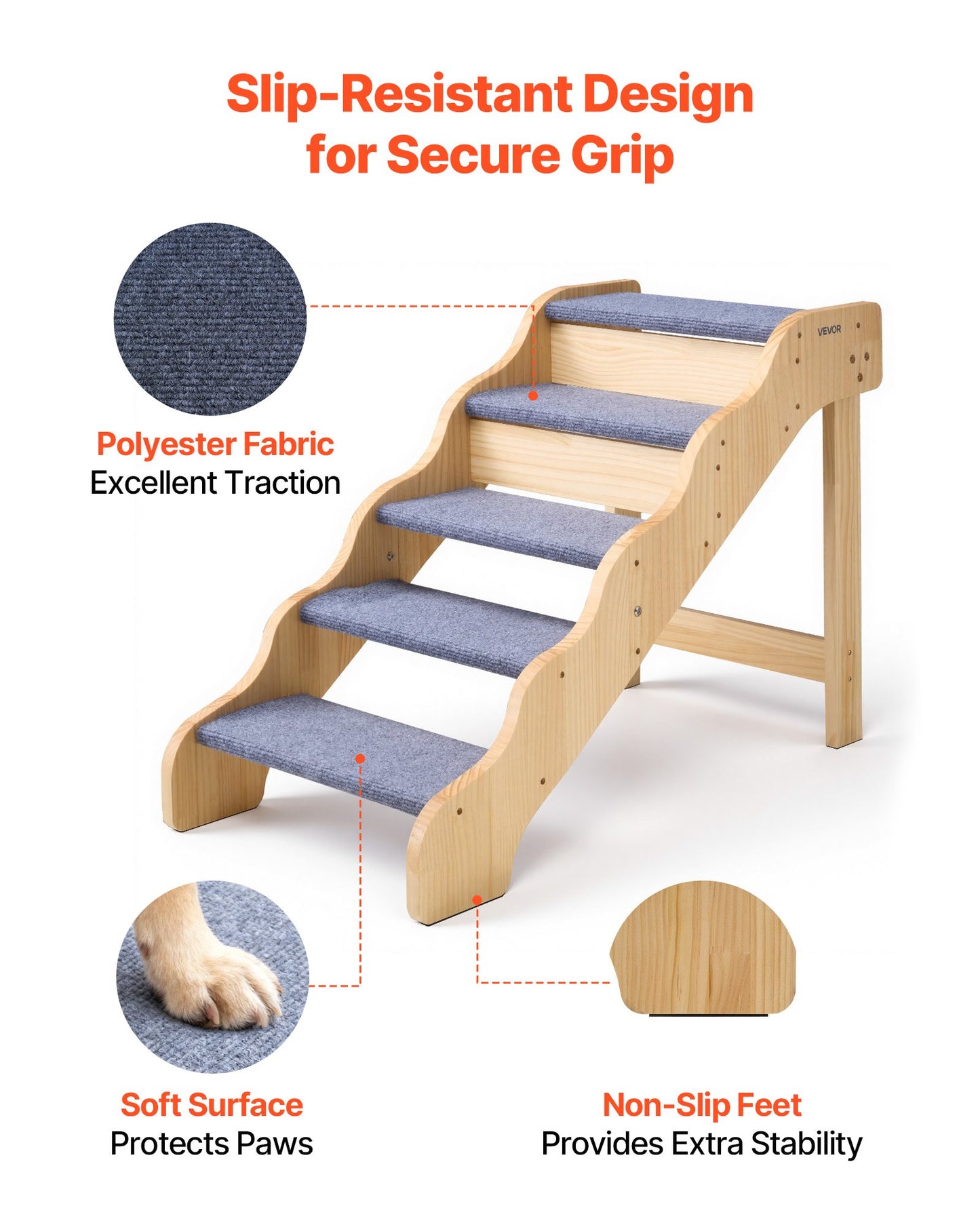 Wood Pet Stairs, 5-Step Dog Stairs For High Beds, Sofa & Cars, 150lbs Load Capacity, Non-Slip Surface, Stable Cat & Dog Step Ladder For Small Medium Large Older Pet Puppy Essentials