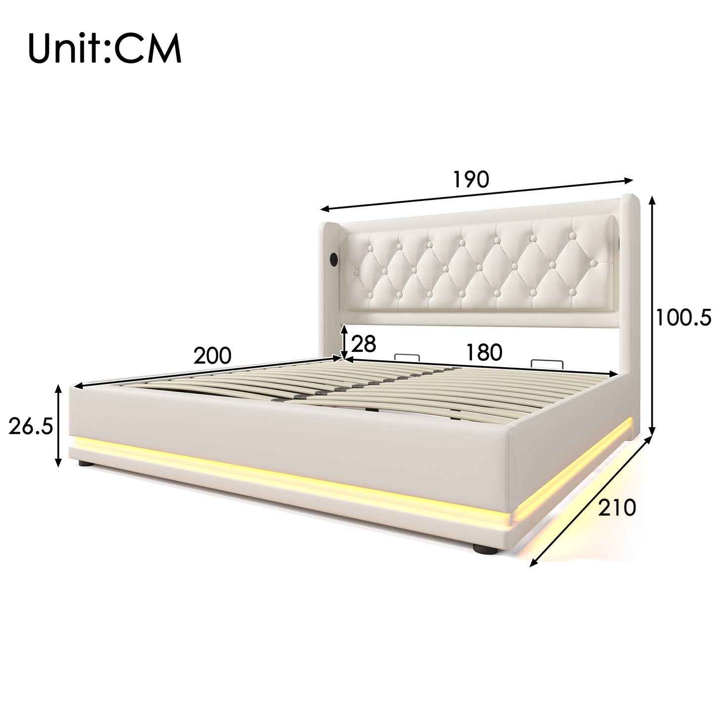 Upholstered Bed Double Bed 180x200 Cm,White PU Material Hydraulic Storage Bed, Upholstered Headboard With USB Type-C Charging Function, 3-Sided LED Function Without Mattress