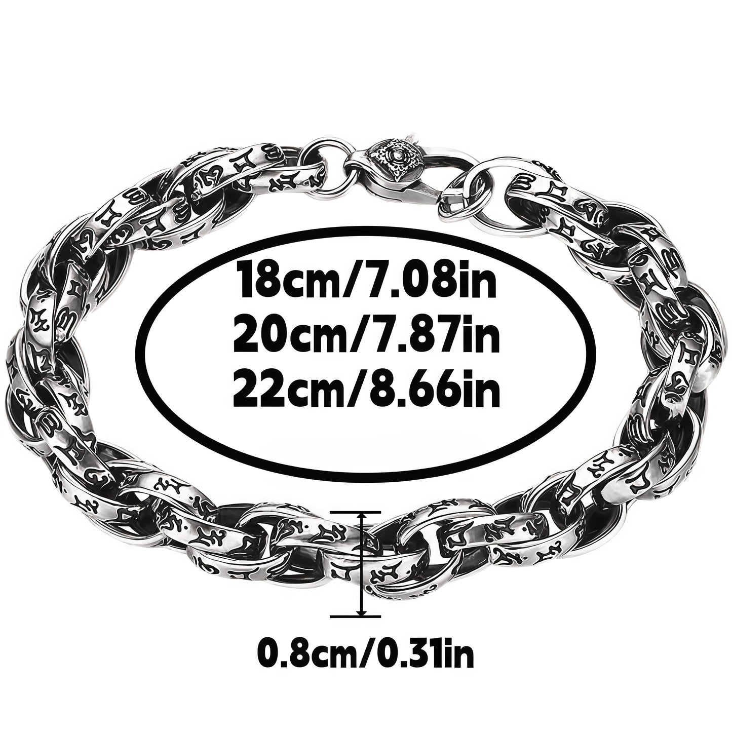 Antique Scroll Engraved Thick Curb Chain Bracelet For Men, Copper Plated Silver Oxidized Vintage Biker Punk Heavy Link Wrist Jewelry Gift