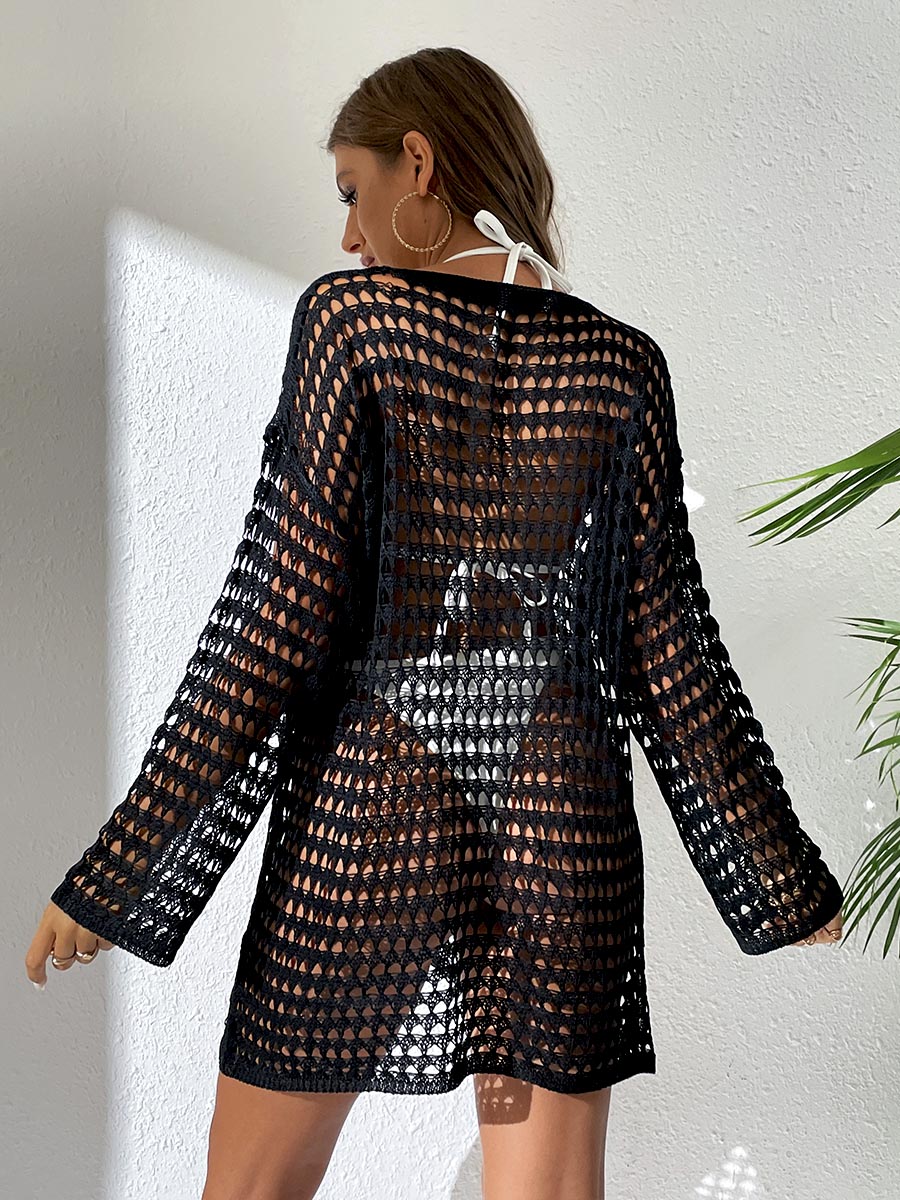 New Summer Women Knit Hollow Out Beach Dress, Crew Neck Long Sleeve Pullover Bikini Cover Up For Europe & America