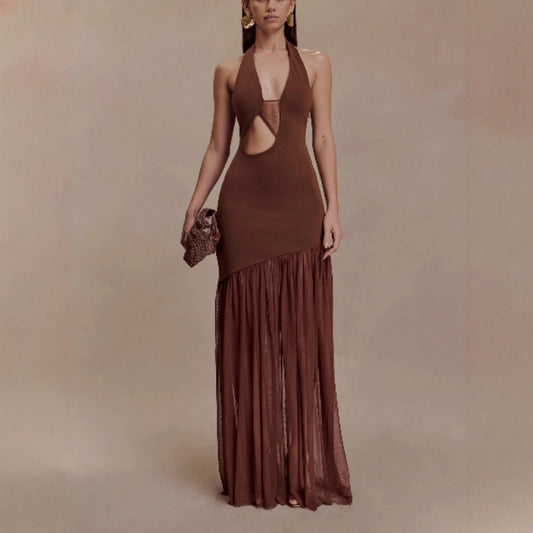Body-hugging Backless Mesh-embellished Pleated Sexy Dress