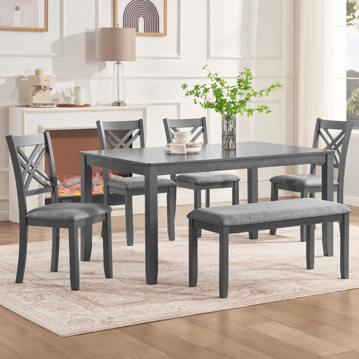 6 Piece Kitchen Dining Set, Rectangular Wooden Dining Table with 4 Upholstered Chairs and a Bench, Dining Table Set for 6 People, Living Room and Kitchen, Grey
