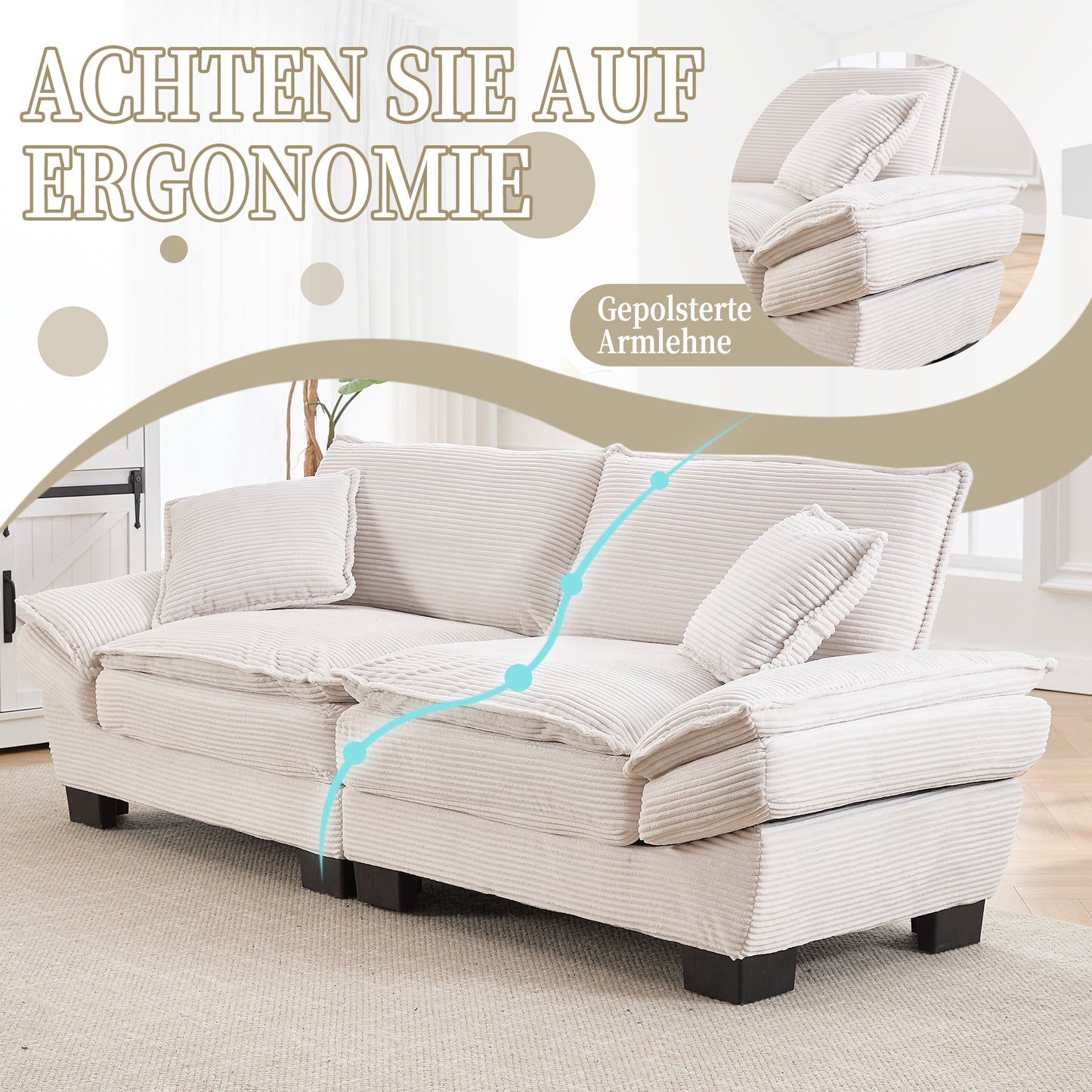 A Modern, Simple Double Sofa With A Feather Bed, That A Pillow Is Handy, But Spacious And Spacious In The Living Room Bedroom Office, Beige