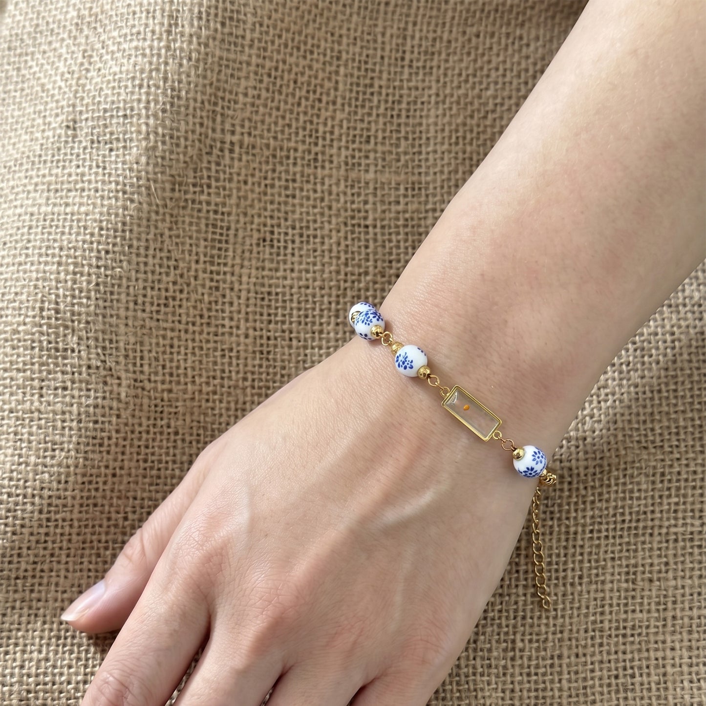 Christian Gifts 18K Gold Plated Cross Bracelet Real Mustard Seed Inside Faith Jewelry For Women Flower Printed Ceramic Beads Stainless Steel Matthew 17 20 Bracelet
