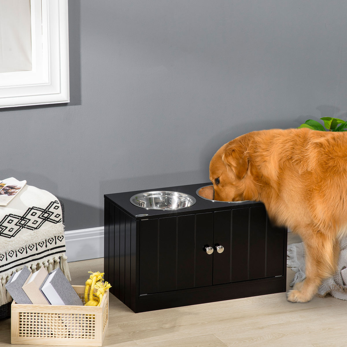 PawHut Raised Pet Feeder, With Two Bowls, Storage - Black