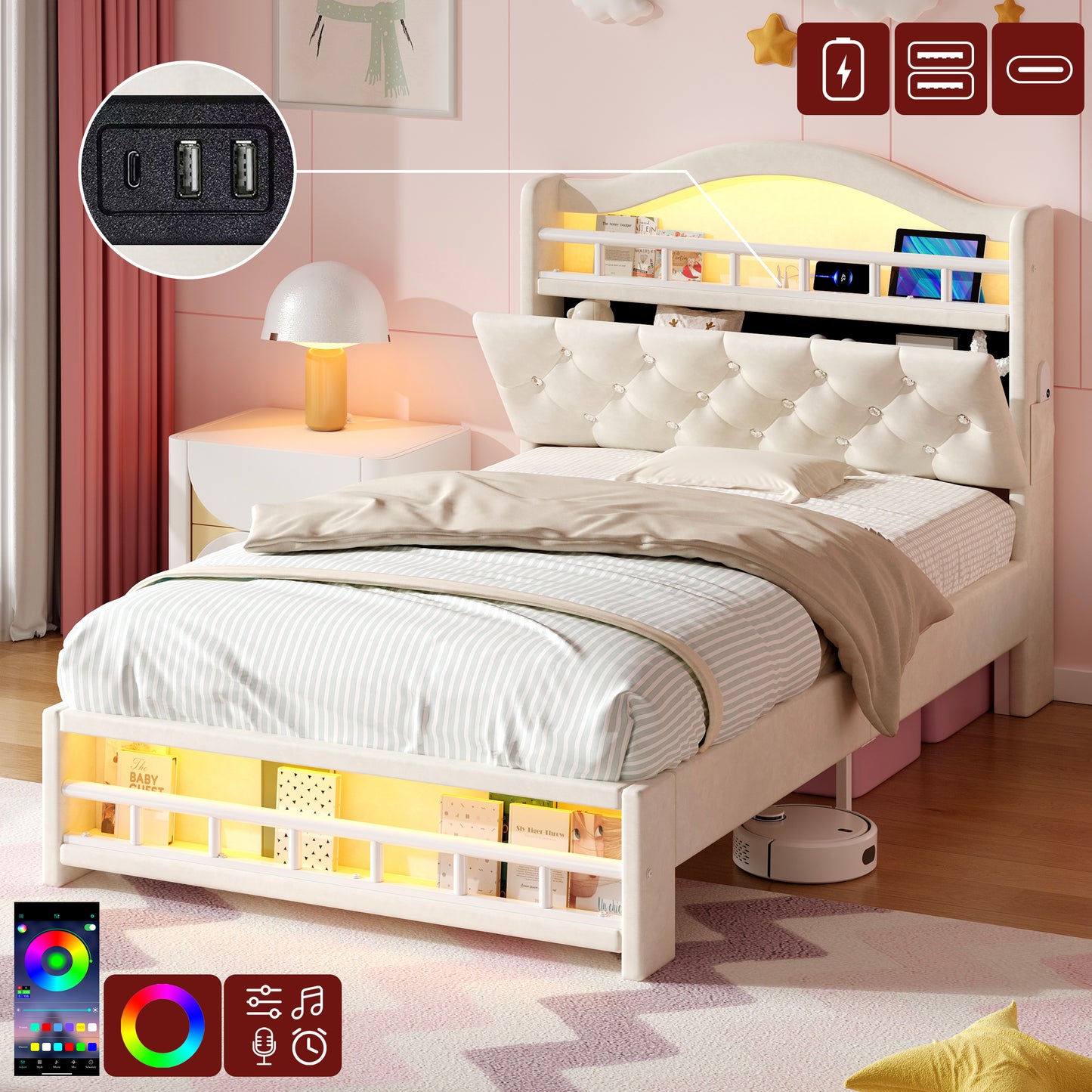 3ft Single Upholstered Velvet Bed Frame, LED Bed Frame With Charging Station & Diamond Tufted Headboard, Concealed Headboard Storage With USB And Type - C Ports, Easy Assembly, Beige No Mattress