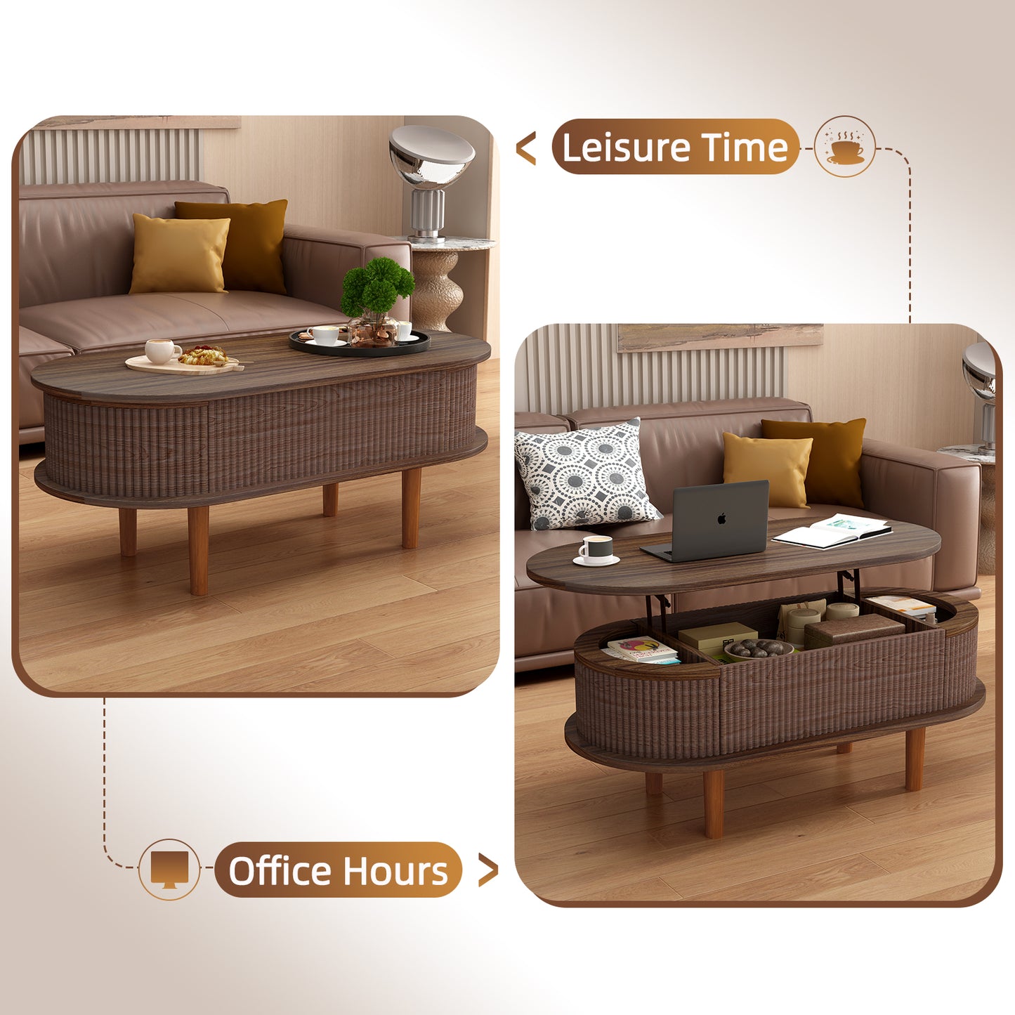 Fluted Lift Top Coffee Table With Hidden Compartment, Wooden Center Table, Modern Oval Lift Tabletop For Home Living Room Office, Walnut Color