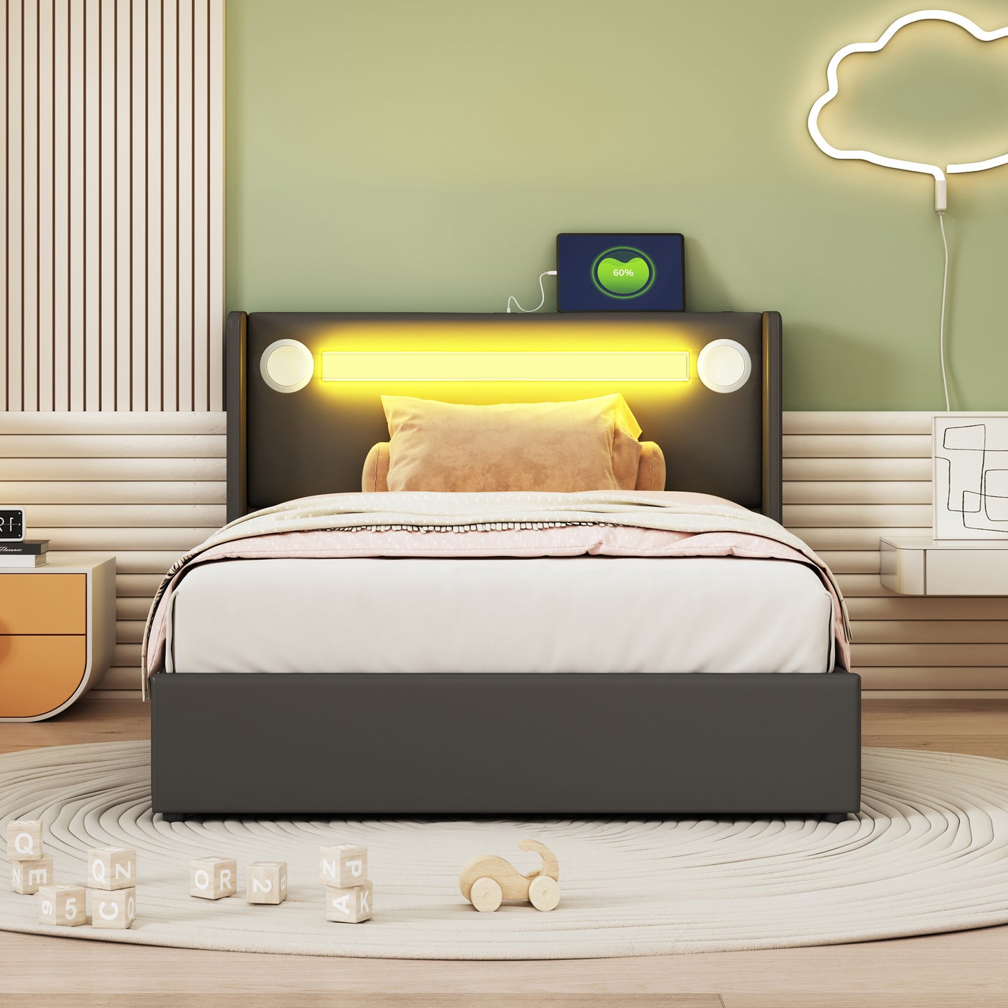 Upholstered Bed Cot 90x200 Bed With LED Light Strip, Bluetooth Player And USB Charging, PU Leather Storage Bed, Loft Bed Box, Youth Bed With Slatted Frame