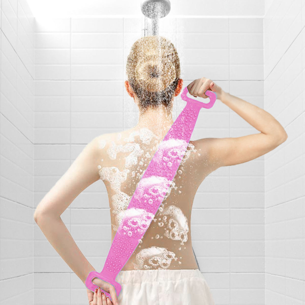 Silicone Back Scrubber Belt For Shower Exfoliating Foaming Body Wash Strap Brush Bristles Massage Dots With Adhesive Hook